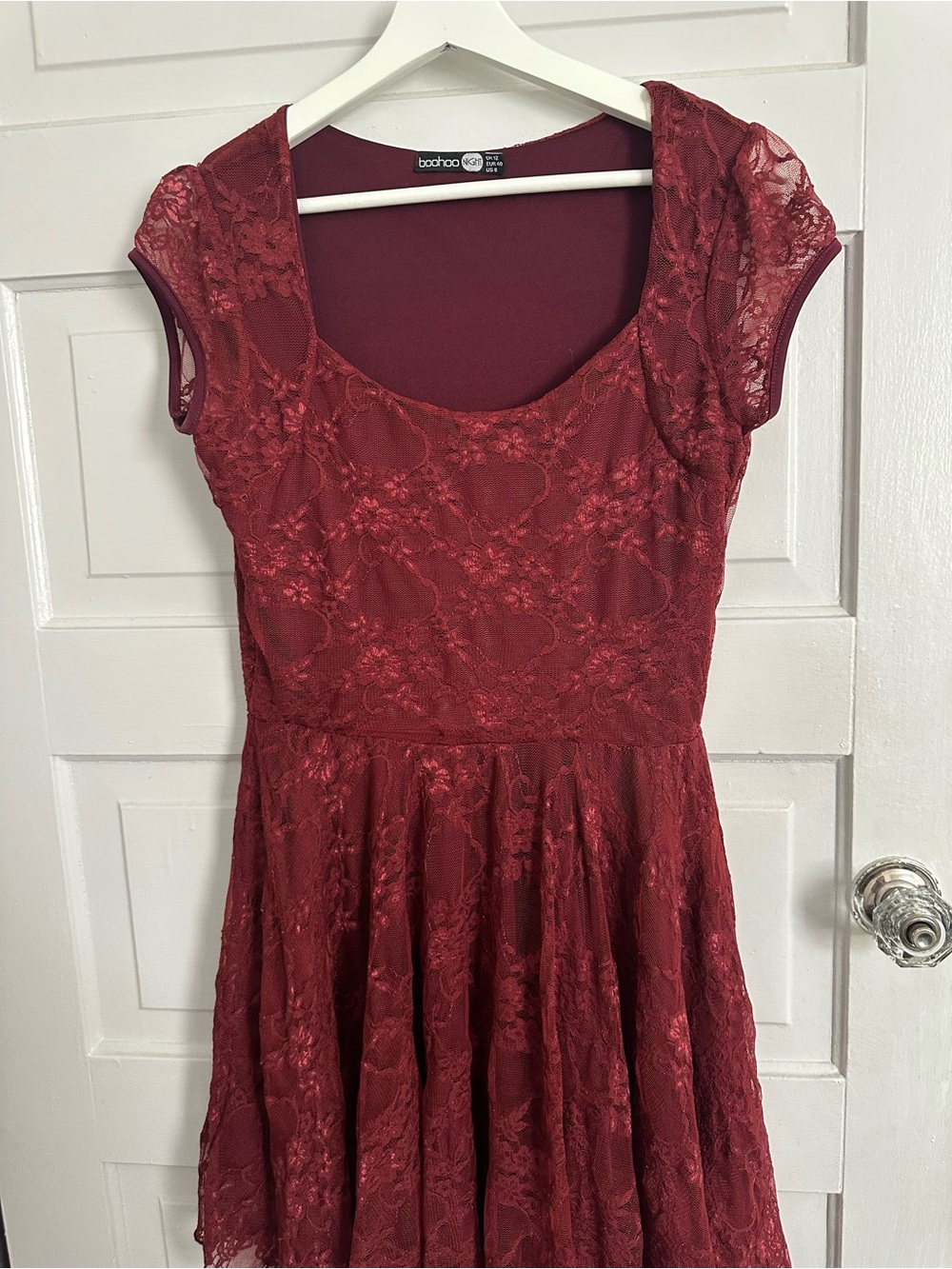 Boohoo Burgundy Floral Lace Fit & Flare Dress